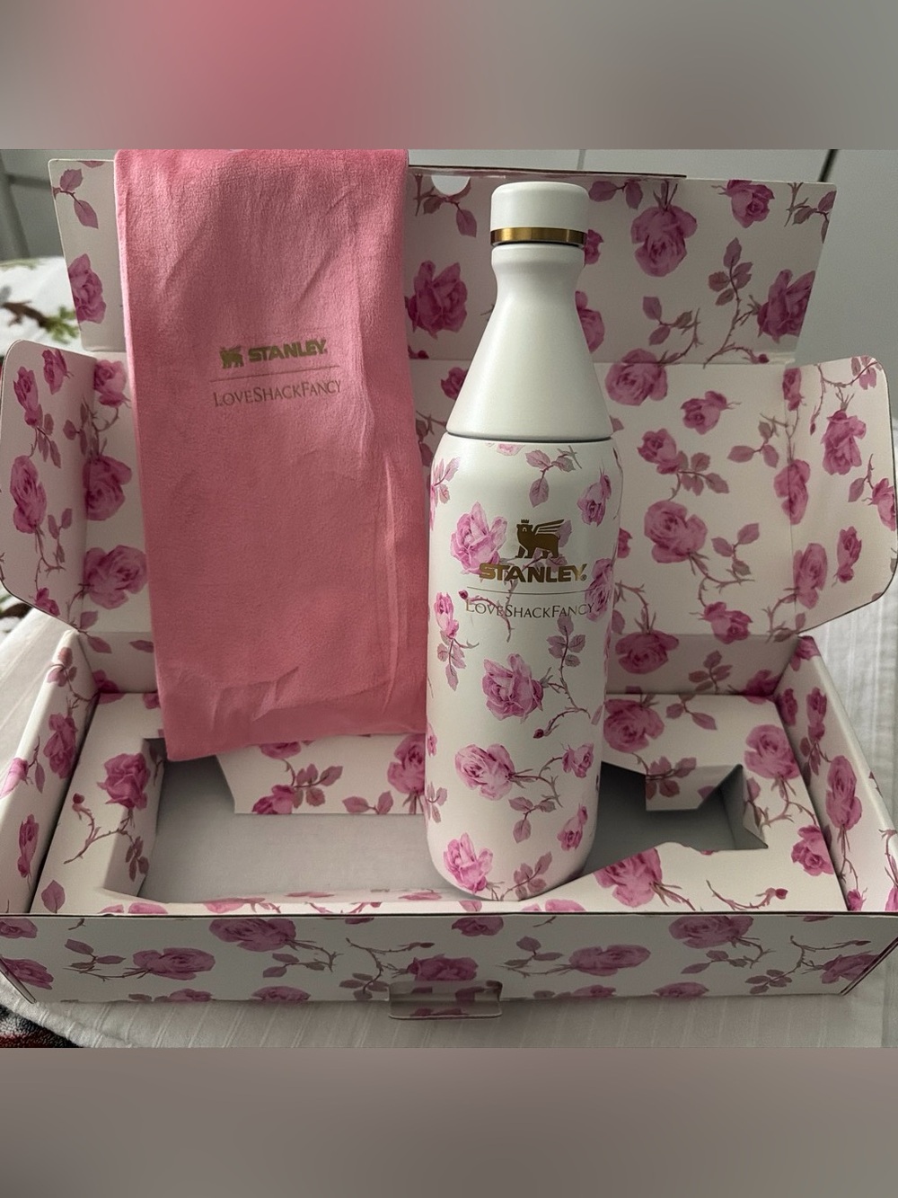 Stanley x Love Shack Fancy colab, white Bottle with Pink Rose Floral Design